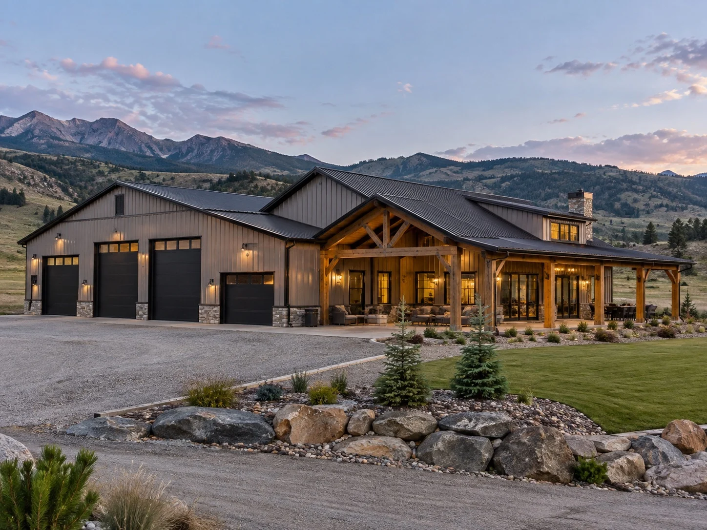 Luxury barndominium with shop bays and timber porch