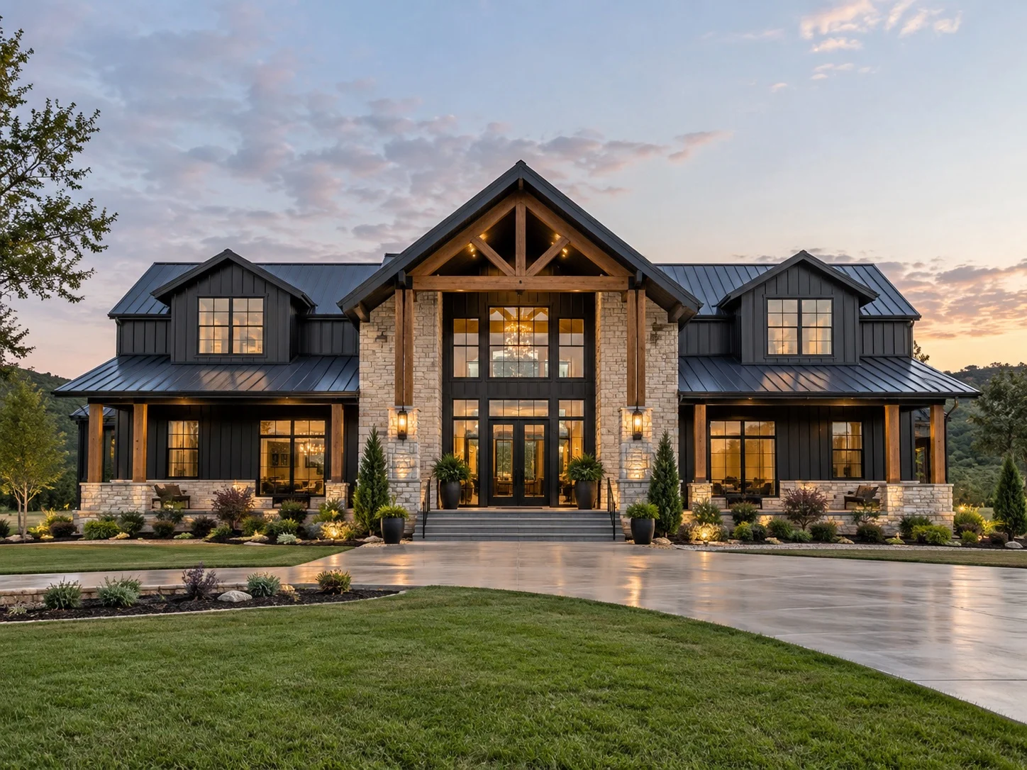 Luxury barndominium with stone and timber entry