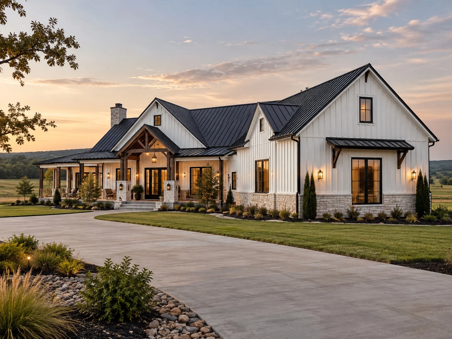 White farmhouse barndominium with stone wainscot