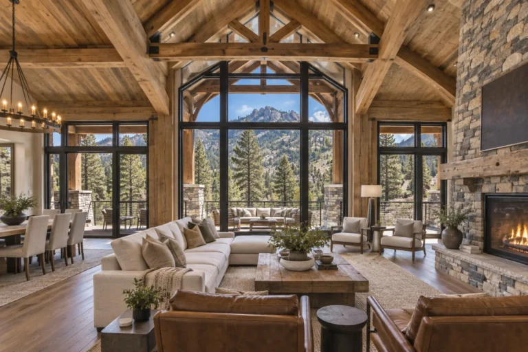 Design concept rendering: The Lodge timber and stone great room