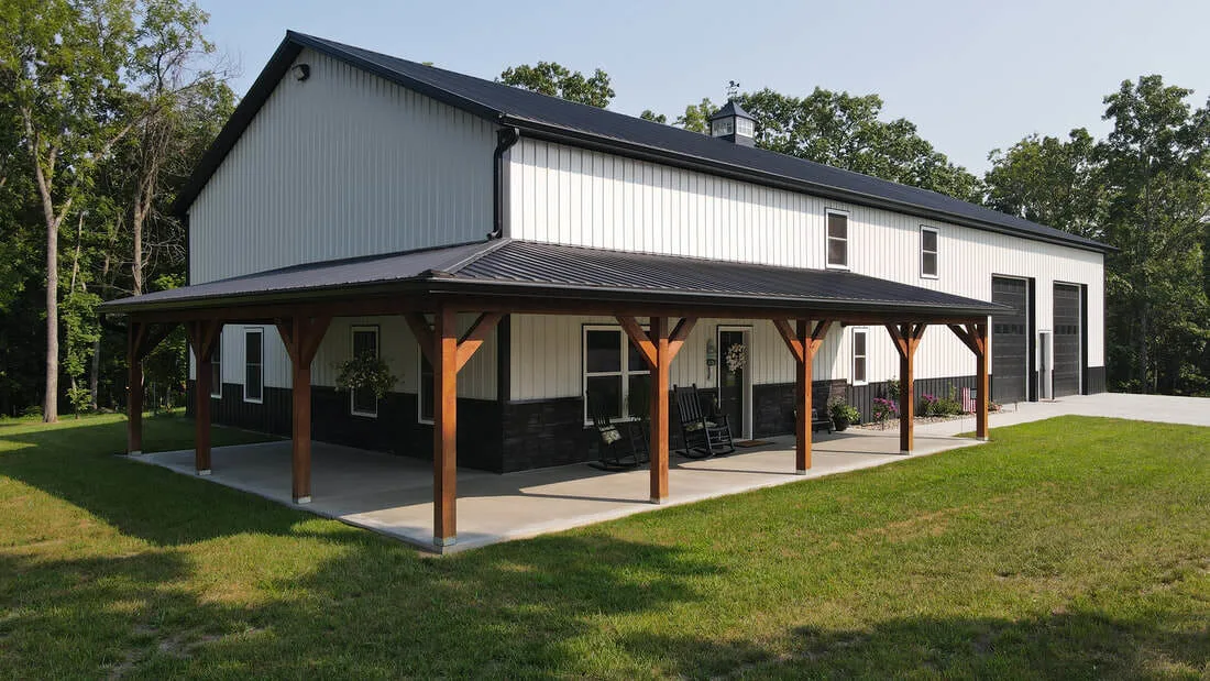 Two-story barndominium with covered patio